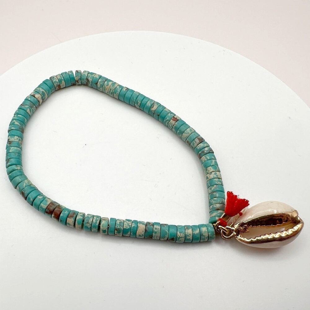 Vintage Y2K Boho Cowrie Shell Stretch Bracelet Turquoise Beaded Tassel Jewelry